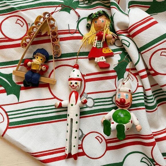 Vintage Wooden & Felt Christmas Ornaments Set of 4 Clowns, Girl, Swing Boy - Picture 4 of 7